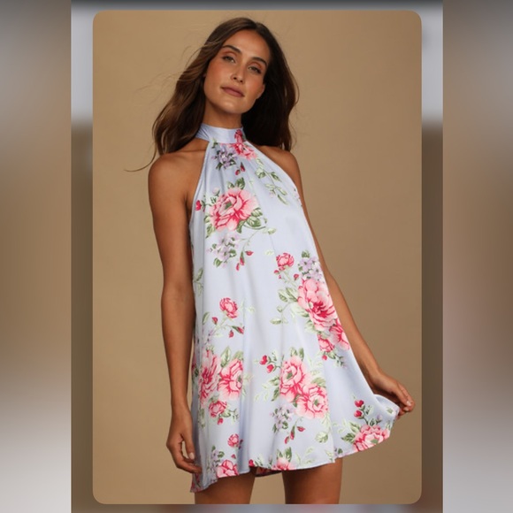 Get a Bloom Light Blue Floral Print Satin Halter Mini Dress - Picture 1 of 1